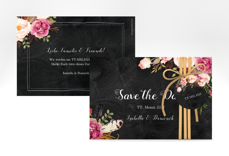 Save the Date-Karte Flowers A6 Karte quer schwarz hochglanz mit bunten Aquarell-Blumen