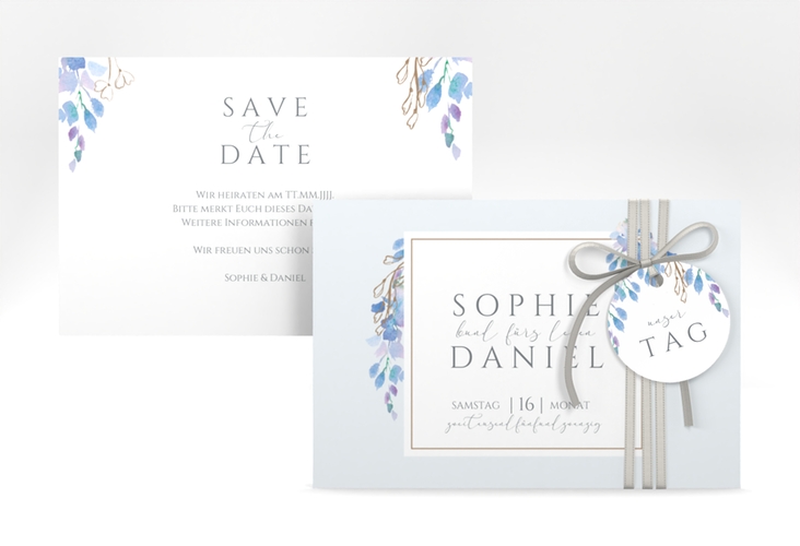 Save the Date-Karte Blauregen A6 Karte quer blau mit Wisteria-Blüten