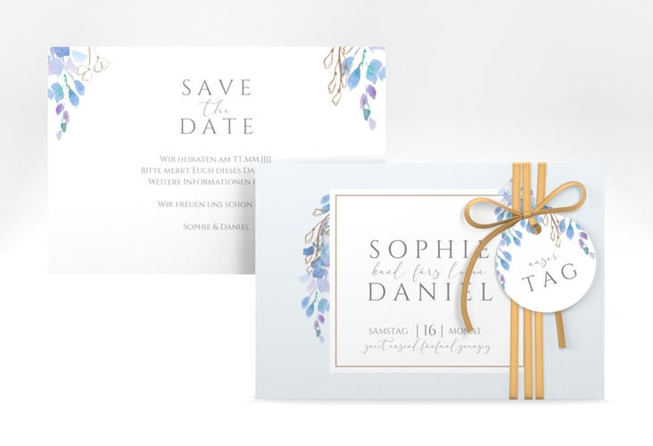 Save the Date-Karte Blauregen A6 Karte quer blau mit Wisteria-Blüten