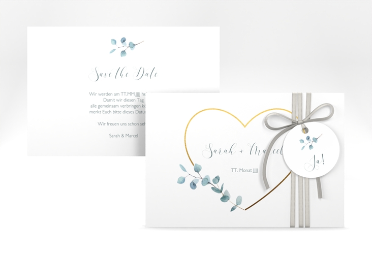 Save the Date-Karte Greenheart A6 Karte quer hochglanz mit elegantem Herz und Eukalyptus-Zweig