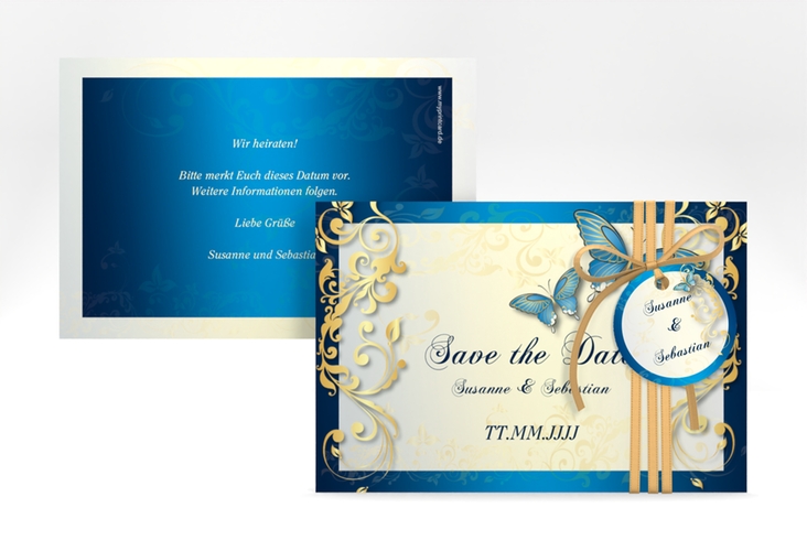 Save the Date-Karte Hochzeit Toulouse A6 Karte quer blau hochglanz romantisch mit Schmetterlingen