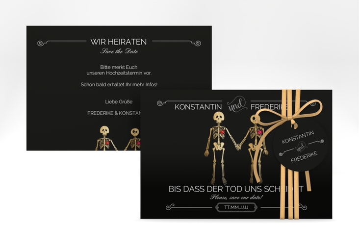 Save the Date-Karte Bones A6 Karte quer schwarz hochglanz lustig mit Skelett-Brautpaar