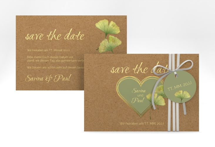 Save the Date-Karte Ginko A6 Karte quer Kraftpapier hochglanz mit Herz und zwei Ginkgo-Blättern