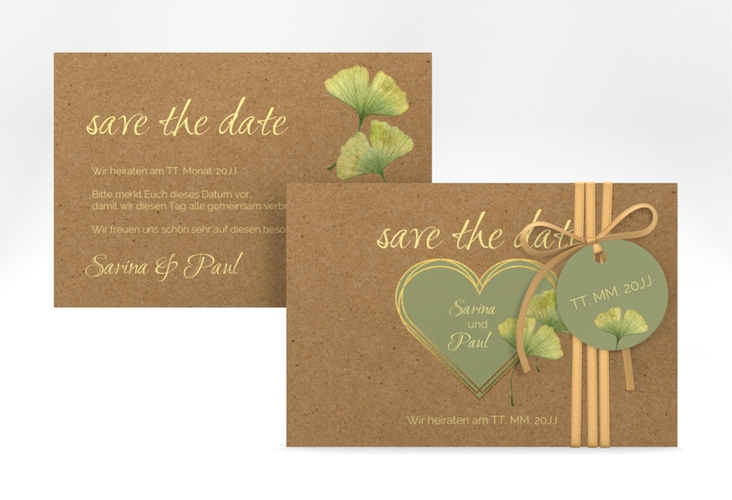 Save the Date-Karte Ginko A6 Karte quer Kraftpapier hochglanz mit Herz und zwei Ginkgo-Blättern