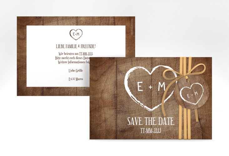 Save the Date-Karte Wood A6 Karte quer hochglanz in Holz-Optik mit Herz und Initialen