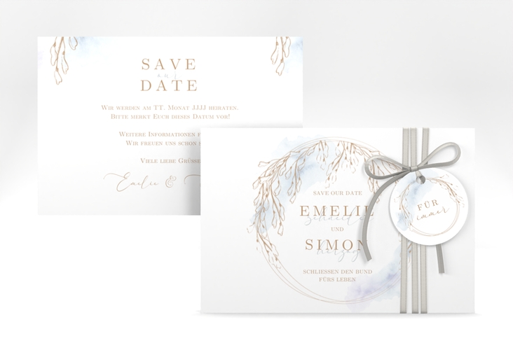 Save the Date-Karte Wisteria A6 Karte quer blau mit Blumenbogen aus Blauregen