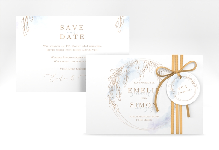 Save the Date-Karte Wisteria A6 Karte quer blau mit Blumenbogen aus Blauregen