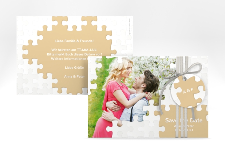 Save the Date-Karte Hochzeit Puzzle A6 Karte quer beige hochglanz