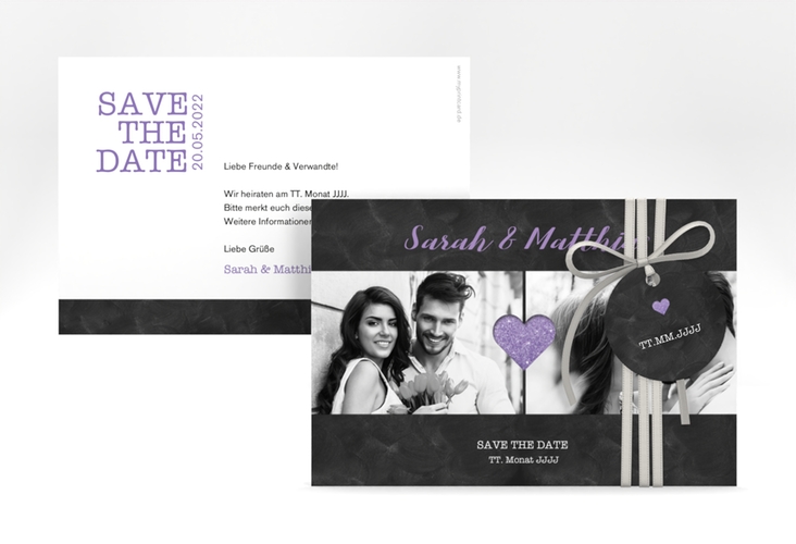 Save the Date-Karte Sparkly A6 Karte quer lila hochglanz