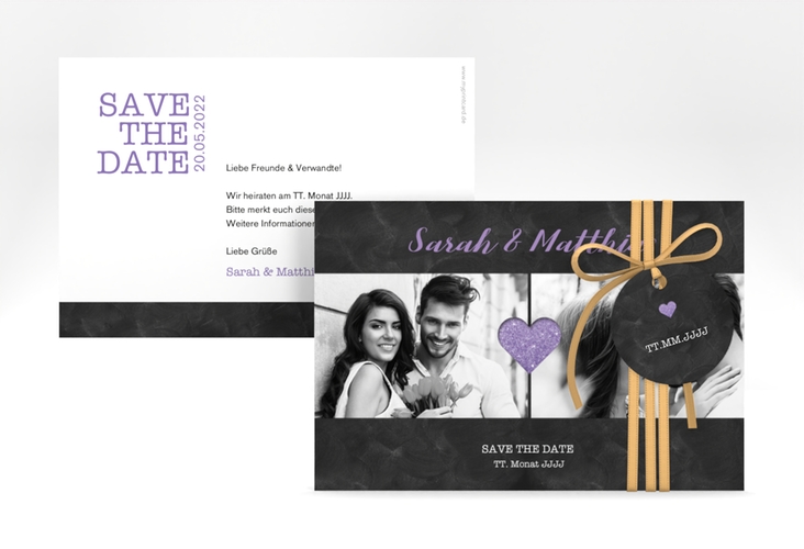 Save the Date-Karte Sparkly A6 Karte quer lila hochglanz