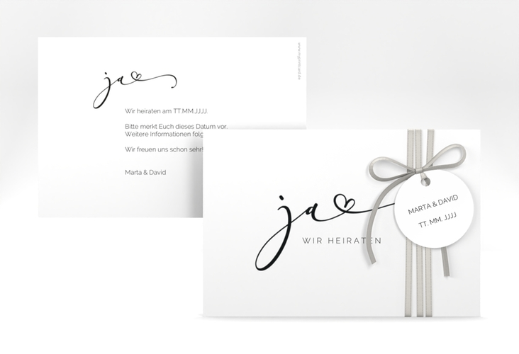 Save the Date-Karte Jawort A6 Karte quer weiss hochglanz modern minimalistisch mit veredelter Aufschrift