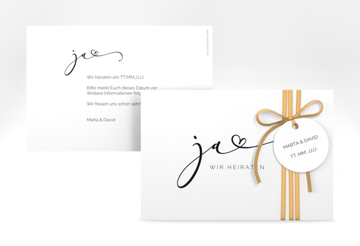 Save the Date-Karte Jawort A6 Karte quer weiss hochglanz modern minimalistisch mit veredelter Aufschrift
