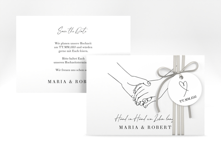 Save the Date-Karte Hands A6 Karte quer mit sich haltenden Händen im Monoline-Stil