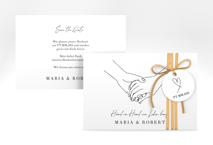 Save the Date-Karte Hands A6 Karte quer weiss mit sich haltenden Händen im Monoline-Stil