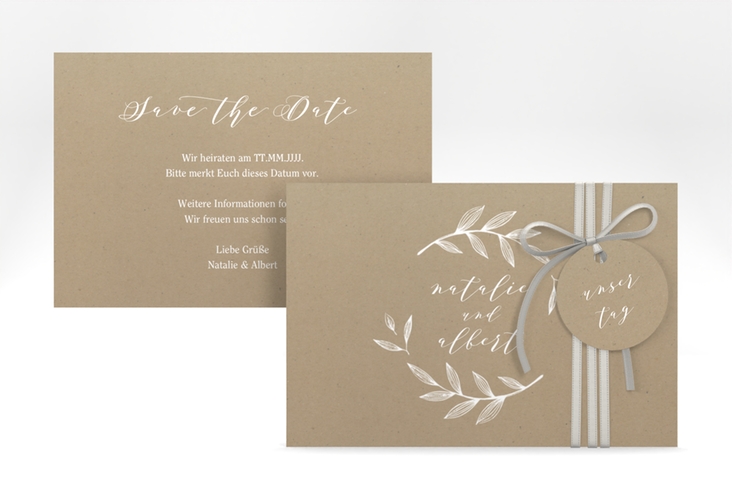 Save the Date-Karte Naturelove A6 Karte quer weiss hochglanz in Kraftpapier-Optik mit Blattzeichnung