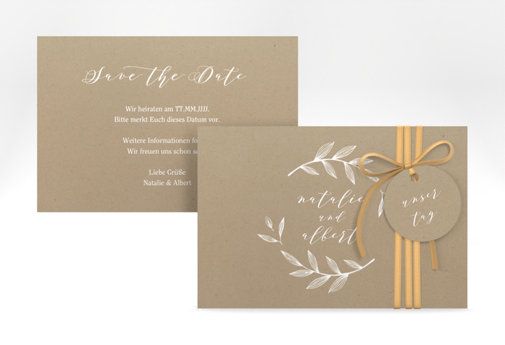 Save the Date-Karte Naturelove A6 Karte quer weiss hochglanz in Kraftpapier-Optik mit Blattzeichnung