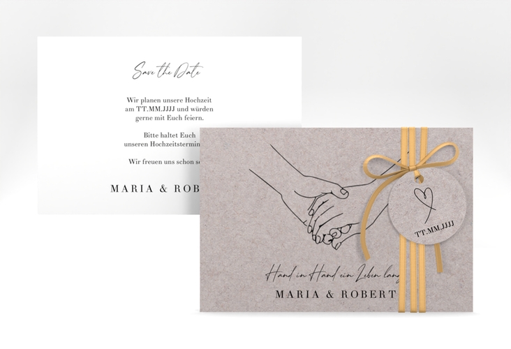 Save the Date-Karte Hands A6 Karte quer Kraftpapier mit sich haltenden Händen im Monoline-Stil