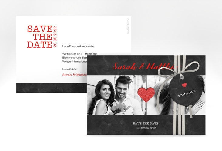 Save the Date-Karte Sparkly A6 Karte quer rot hochglanz
