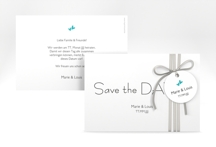 Save the Date-Karte Hochzeit Twohearts A6 Karte quer tuerkis hochglanz