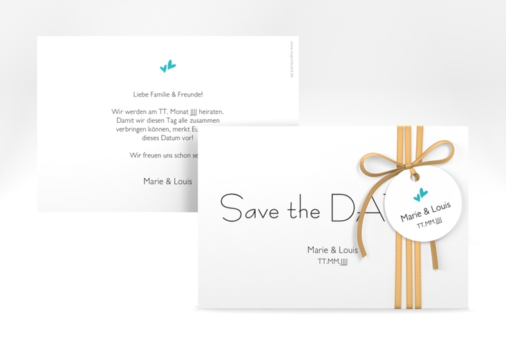 Save the Date-Karte Hochzeit Twohearts A6 Karte quer tuerkis hochglanz
