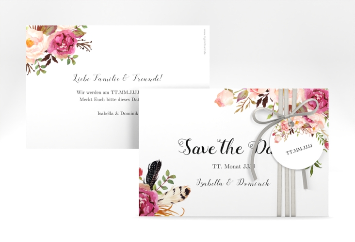 Save the Date-Karte Flowers A6 Karte quer weiss mit bunten Aquarell-Blumen