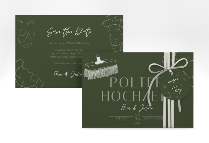Save the Date-Karte Polterhochzeit A6 Karte quer gruen mit Besen und kaputtem Porzellanteller