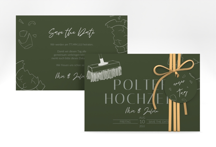 Save the Date-Karte Polterhochzeit A6 Karte quer gruen mit Besen und kaputtem Porzellanteller