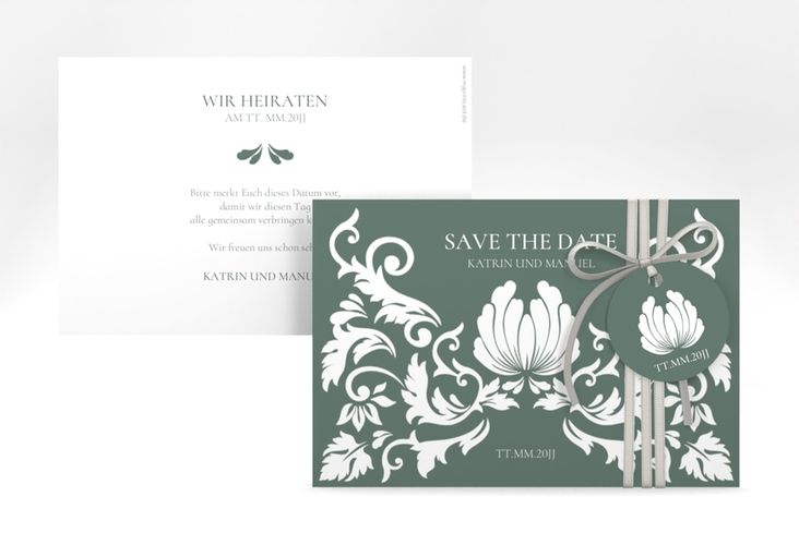 Save the Date-Karte Royal A6 Karte quer gruen hochglanz mit barockem Blumen-Ornament