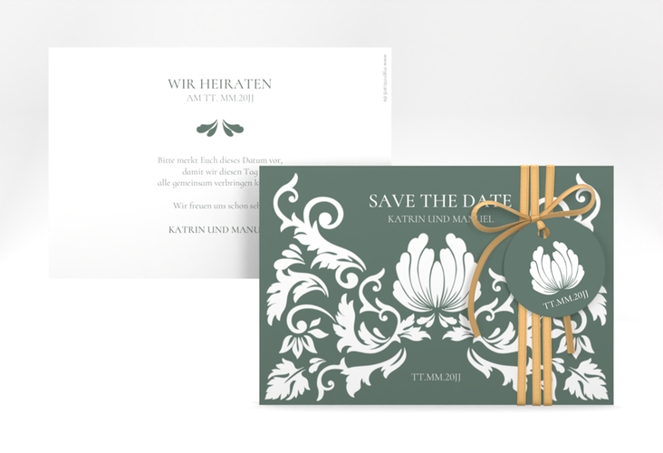 Save the Date-Karte Royal A6 Karte quer gruen hochglanz mit barockem Blumen-Ornament