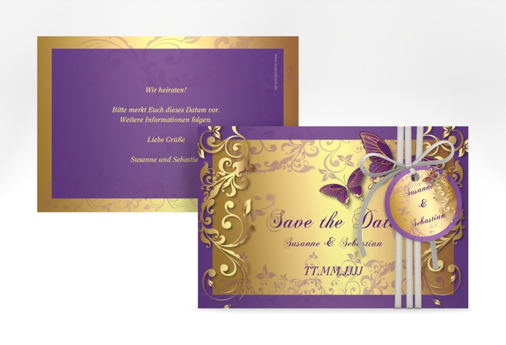 Save the Date-Karte Hochzeit Toulouse A6 Karte quer lila hochglanz romantisch mit Schmetterlingen