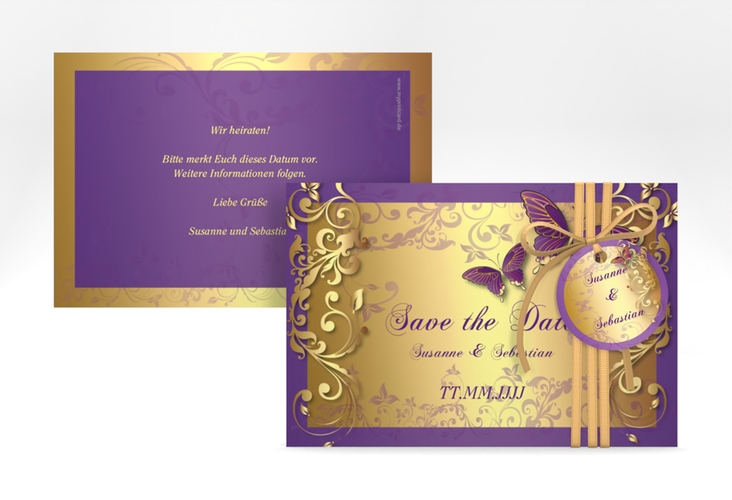 Save the Date-Karte Hochzeit Toulouse A6 Karte quer lila hochglanz romantisch mit Schmetterlingen