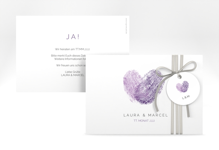 Save the Date-Karte Fingerprint A6 Karte quer lila schlicht mit Fingerabdruck-Motiv