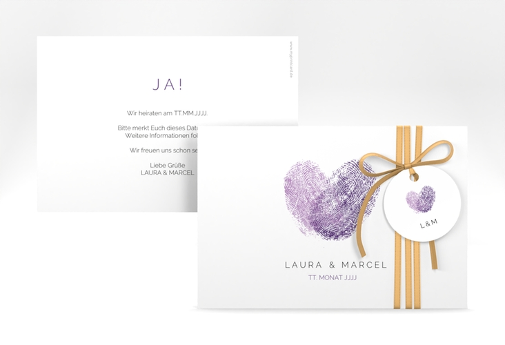 Save the Date-Karte Fingerprint A6 Karte quer lila schlicht mit Fingerabdruck-Motiv