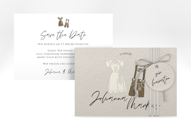 Save the Date-Karte Trachtenhochzeit A6 Karte quer mit Dirndl und Lederhose