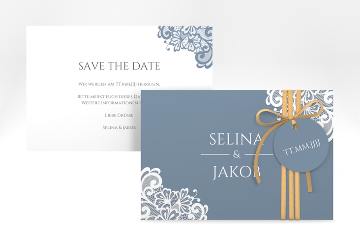 Save the Date-Karte Vintage A6 Karte quer blau hochglanz mit floraler Spitze