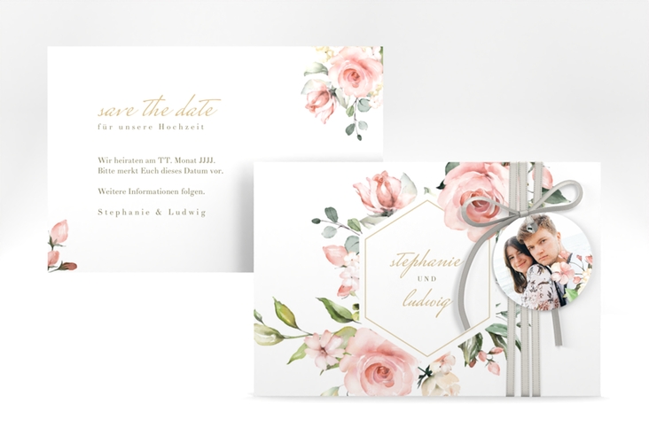 Save the Date-Karte Graceful A6 Karte quer weiss mit Rosenblüten in Rosa und Weiß