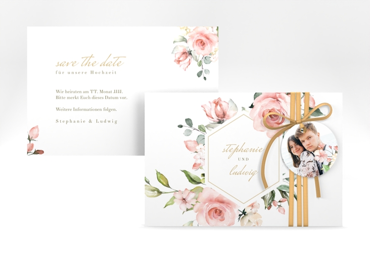 Save the Date-Karte Graceful A6 Karte quer weiss mit Rosenblüten in Rosa und Weiß