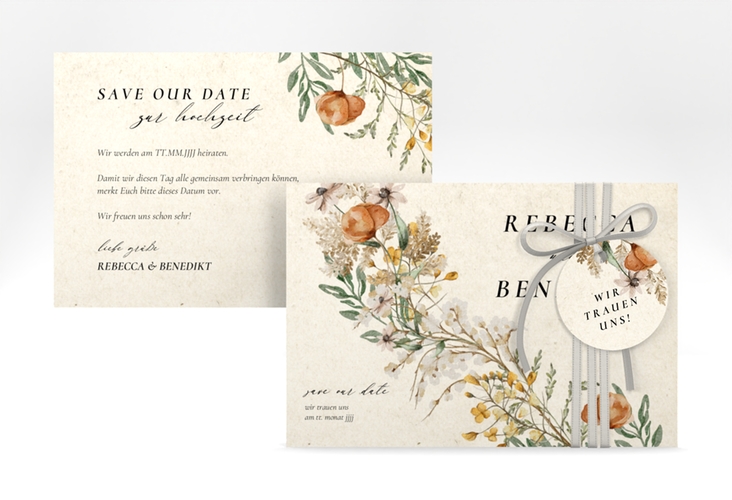 Save the Date-KarteWildfang A6 Karte quer beige mit getrockneten Wiesenblumen