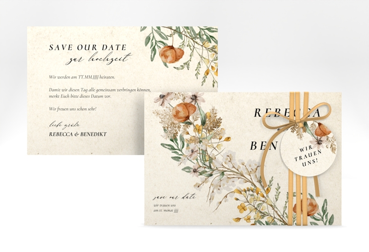 Save the Date-KarteWildfang A6 Karte quer beige mit getrockneten Wiesenblumen