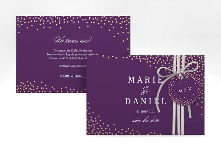 Save the Date-Karte Glitter A6 Karte quer lila hochglanz