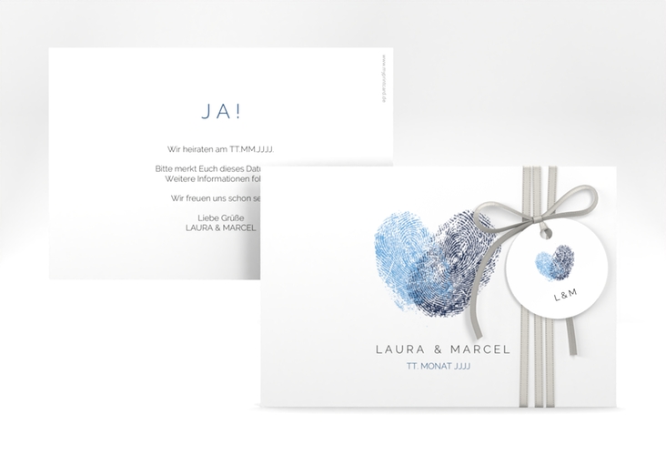 Save the Date-Karte Fingerprint A6 Karte quer blau schlicht mit Fingerabdruck-Motiv