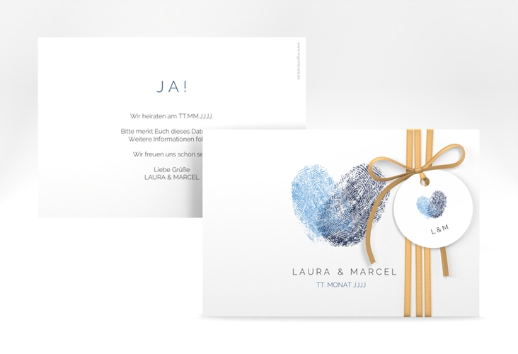 Save the Date-Karte Fingerprint A6 Karte quer blau schlicht mit Fingerabdruck-Motiv