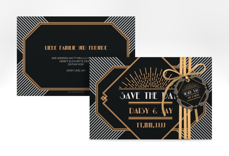 Save the Date-Karte Hochzeit Gatsby A6 Karte quer schwarz im 20er-Jahre-Stil