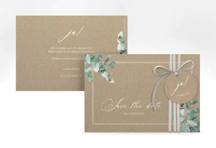 Save the Date-Karte Eucalypt A6 Karte quer Kraftpapier hochglanz mit Eukalyptus und edlem Rahmen