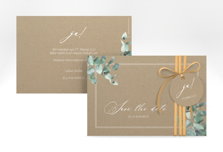 Save the Date-Karte Eucalypt A6 Karte quer Kraftpapier hochglanz mit Eukalyptus und edlem Rahmen