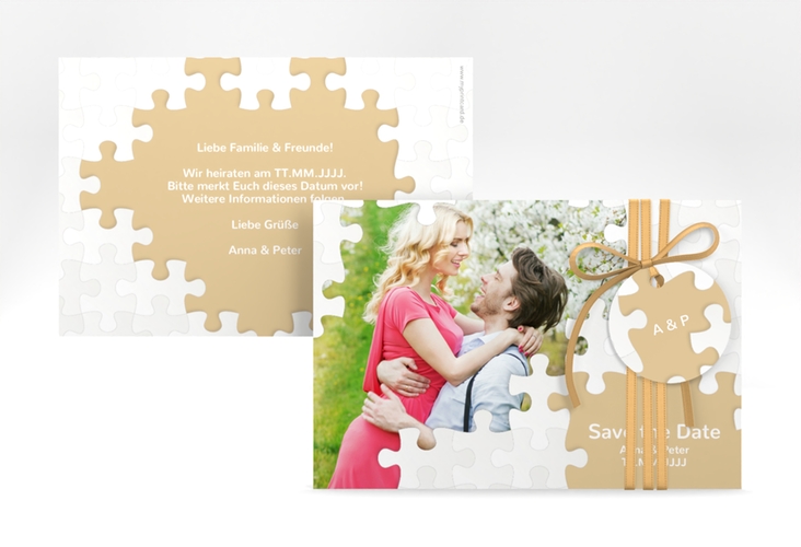 Save the Date-Karte Hochzeit Puzzle A6 Karte quer beige hochglanz