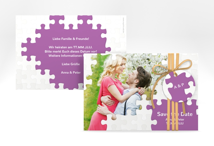 Save the Date-Karte Hochzeit Puzzle A6 Karte quer lila
