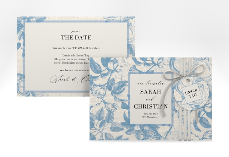 Save the Date-Karte Toile A6 Karte quer mit Blättermuster im Toile-de-Jouy-Stil