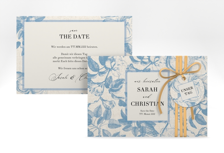 Save the Date-Karte Toile A6 Karte quer mit Blättermuster im Toile-de-Jouy-Stil