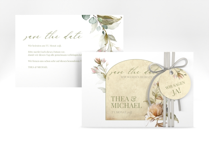 Save the Date-Karte Dornröschen A6 Karte quer weiss mit Aquarell-Rosen im Vintage-Look